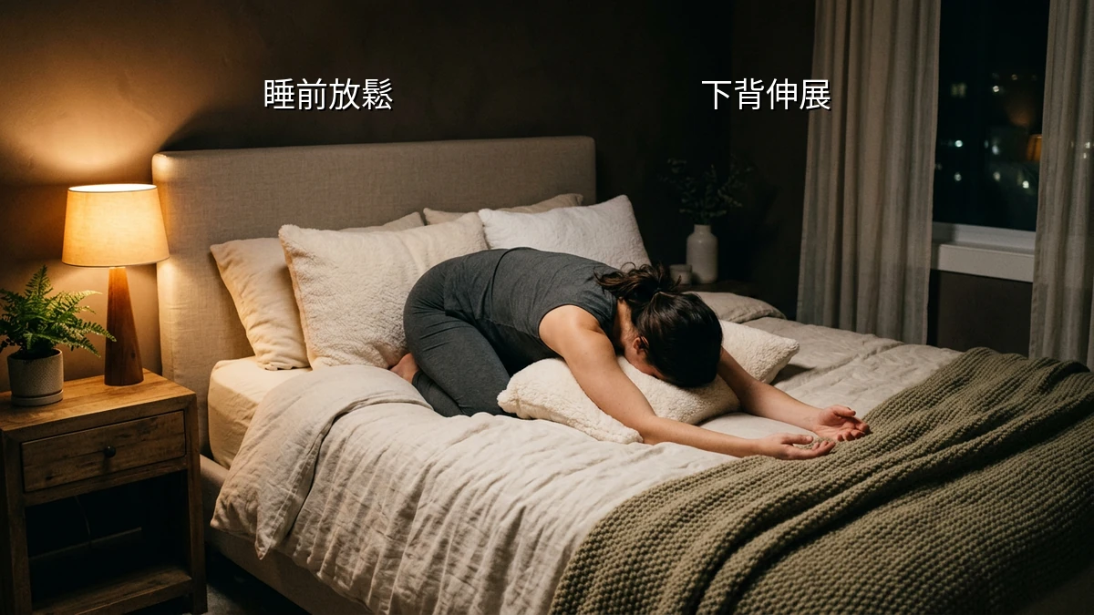 久坐族群睡前溫和伸展下背與臀部肌肉放鬆緊繃加速入睡